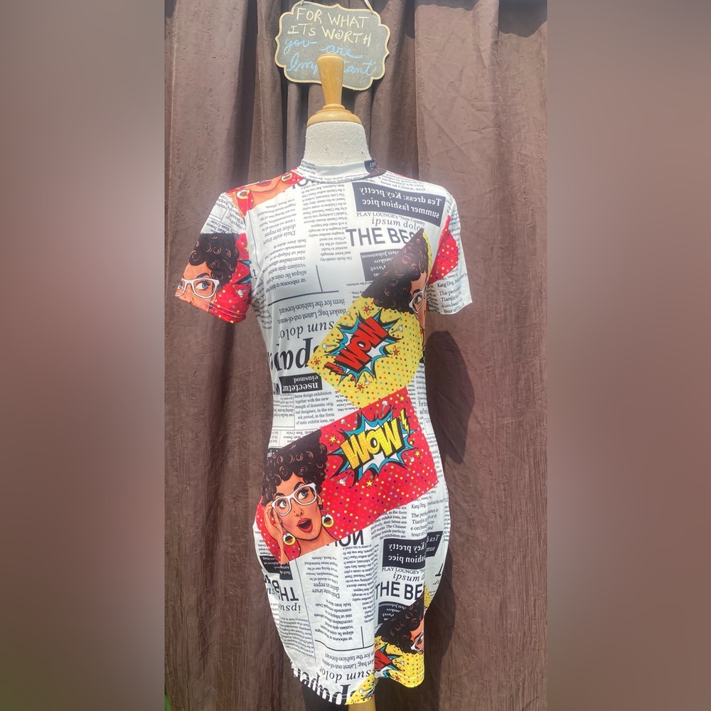 Shein Comic Book Newspaper Print Stretch Midi Dress - Size Medium (8-10)